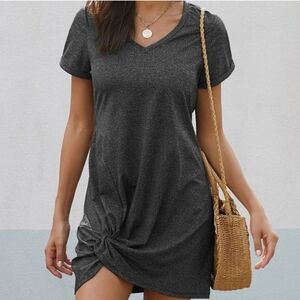 Women's Twist Front Short Sleeve V-Neck Gray T-Shirt Mini Dress Size Medium